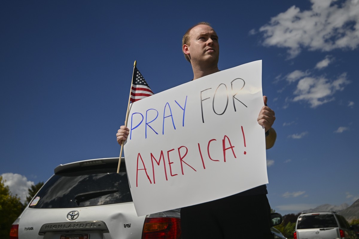 Joseph Vogl stands outside Timpanogos Regional Hospital on Wednesday, Sept. 10, 2025, in Orem, Utah. (AP Photo/Alex Goodlett)
Charlie Kirk Shot