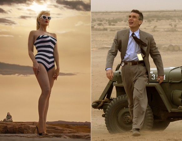 This combination of images shows Margot Robbie in a scene from &quot;Barbie,&quot; left, and Cillian Murphy in a scene from &quot;Oppenheimer.&quot; (Warner Bros Pictures/Universal Pictures via AP)