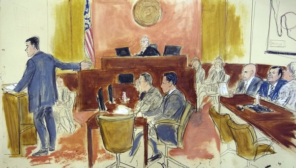 During his opening statement, Assistant US Attorney Adam Feels, left, gestures to Joaquin &quot;El Chapo&quot; Guzman, second from right, sitting next to his attorney Eduardo Balazero, at Brooklyn Fed ...