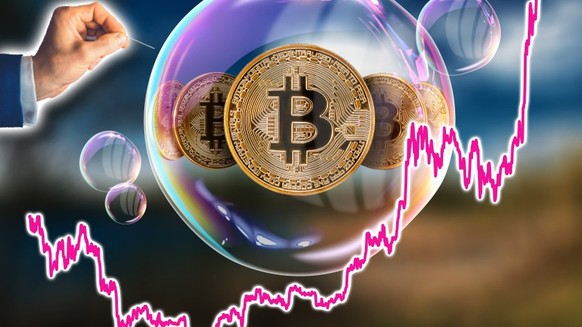Gold Coins Bitcoin in a soap bubble. The concept of instability of the crypto currency, electronic money, the burning of the crypto currency.