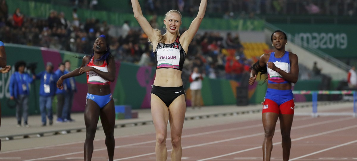 Sage Watson ofÂ Canada gestures after finishing the women's 400m hurdles final during the athletics at the Pan American Games in Lima, Peru, Thursday, Aug. 8, 2019. Watson was disqualified. (AP P ...
