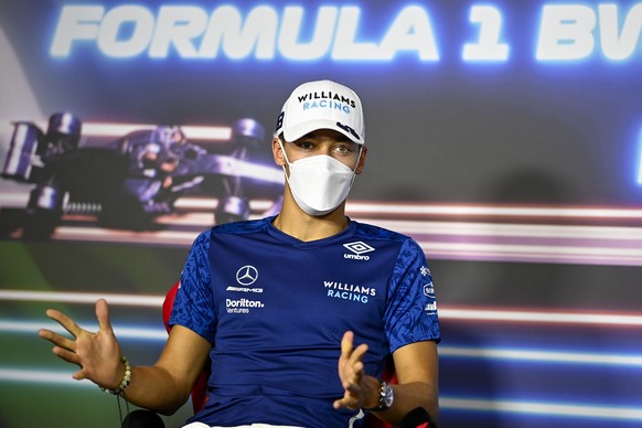 Williams driver George Russell of Britain attends a news conference at the Red Bull Ring racetrack in Spielberg, Austria, Thursday, June 24, 2021. The Styrian Formula One Grand Prix will be held on Su ...