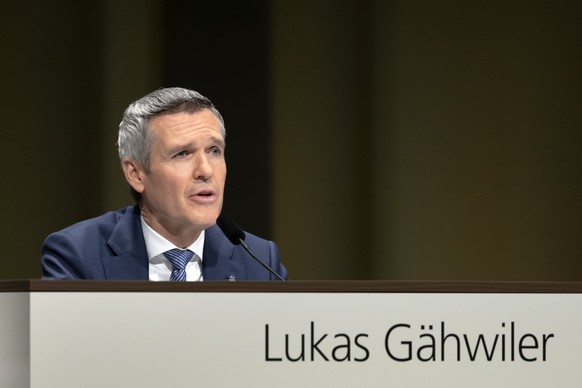Lukas Gaehwiler, Vice Chairman of the Board of Directors of UBS Group, speaks during the general assembly of the UBS in Basel, Switzerland, o n Wednesday, April 5, 2023. (KEYSTONE/Georgios Kefalas)