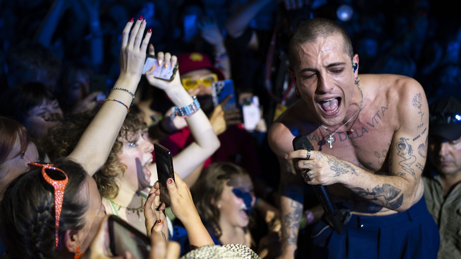 Damiano David of Maneskin performs on the Woodsies Stage at the Glastonbury Festival in Worthy Farm, Somerset, England, Saturday, June 24, 2023. (Scott Garfitt/Invision/AP)
Damiano David