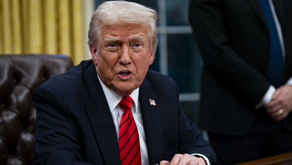 epa11887141 US President Donald Trump speaks during an executive order signing in the Oval Office of the White House in Washington, DC, USA, on 10 February 2025. Trump ordered a 25% tariff on steel an ...