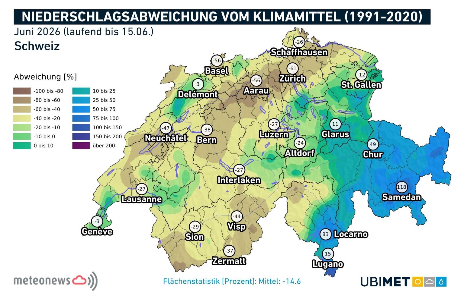 So viel Niederschlag fiel in der Schweiz in der ersten Hälfte des Junis 2026.