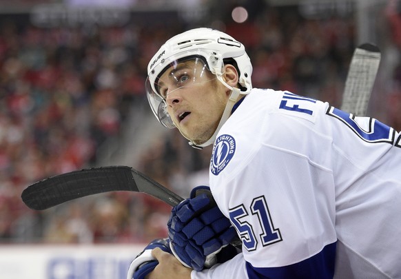 FILE - In this Dec. 23, 2016, file photo, Tampa Bay Lightning center Valtteri Filppula, of FInland, looks on during the third period of an NHL hockey game against the Washington Capitals in Washington ...