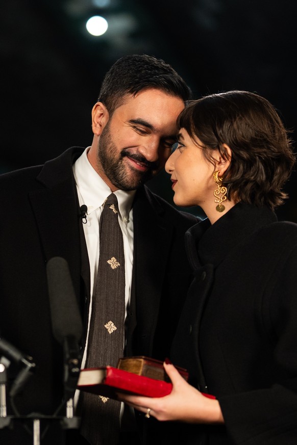 Zohran Mamdani with his wife Rama Duwaji after sworn in as mayor of New York City at Old City Hall Station, New York, Thursday, Jan. 1, 2026. (Amir Hamja/The New York Times via AP, Pool)
Zohran Mamdan ...