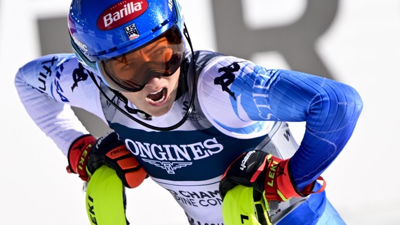 epa10450920 Mikaela Shiffrin of the United States reacts in the finish area during the Slalom run of the Women&#039;s Alpine Combined event at the FIS Alpine Skiing World Championships in Meribel, Fra ...