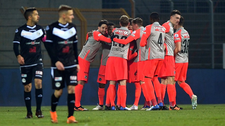 Young Boys&#039;s player Christian Fassnacht celebrates the 0-1 goal with teammates, during the Super League soccer match FC Lugano against BSC Young Boys, at the Cornaredo stadium in Lugano, Wednesda ...