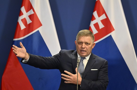 FILE - Slovakia's Prime Minister Robert Fico speaks during a press conference with Hungary's Prime Minister Viktor Orban at the Carmelite Monastery in Budapest, Hungary, Tuesday, Jan. 16, 20 ...
