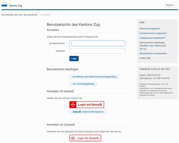Beim Kanton Zug kann man sich entweder mit einer Kundennummer oder mit der SwissID einloggen.
