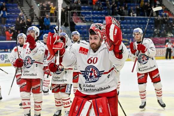 Goalie Melvin Nyffeler (SCRJ) celebrate the victory, during the regular season of National League A (NLA) Swiss Championship 2024/25 between HC Ambri Piotta and SC Rapperswil-Jona Lakers at the ice st ...