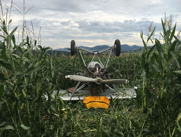 HANDOUT - Das bei der Landung beschaedigte Kleinflugzeug in Wittinsburg (BL) anlaesslich der Flugtage Wittinsburg am Freitag, 19. August 2016. Beim Flugunfall mit dem Kleinflugzeug der Marke Dewoitine ...