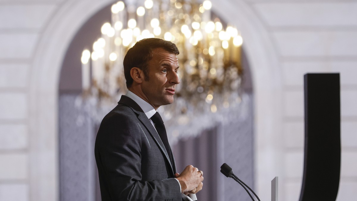 French President Emmanuel Macron addresses the audience during the national disability conference at the Elysee Palace in Paris, Wednesday, April 26, 2023. Macron announces new measures for people wit ...