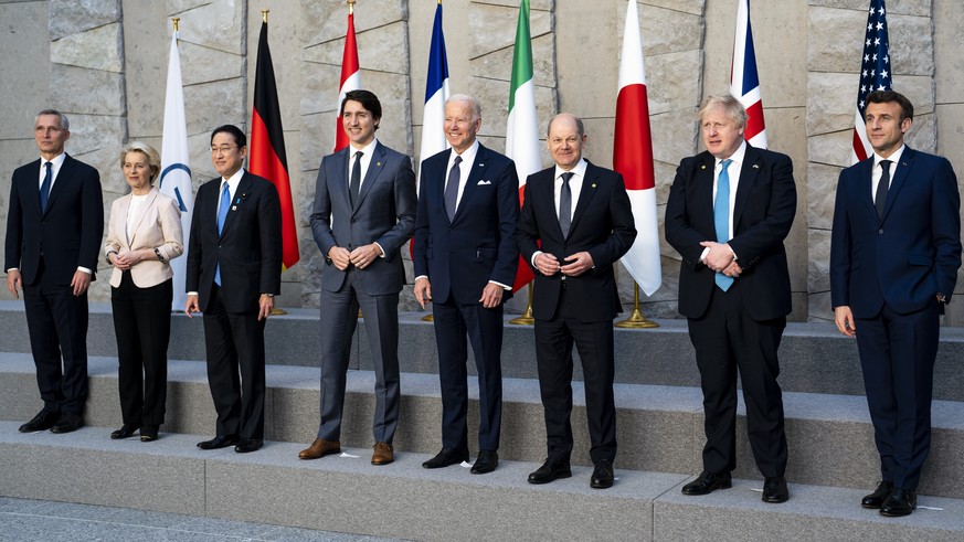 From left, NATO Secretary General Jens Stoltenberg, European Commission President Ursula von der Leyen, Japan&#039;s Prime Minister Fumio Kishida, Canada&#039;s Prime Minister Justin Trudeau, Presiden ...