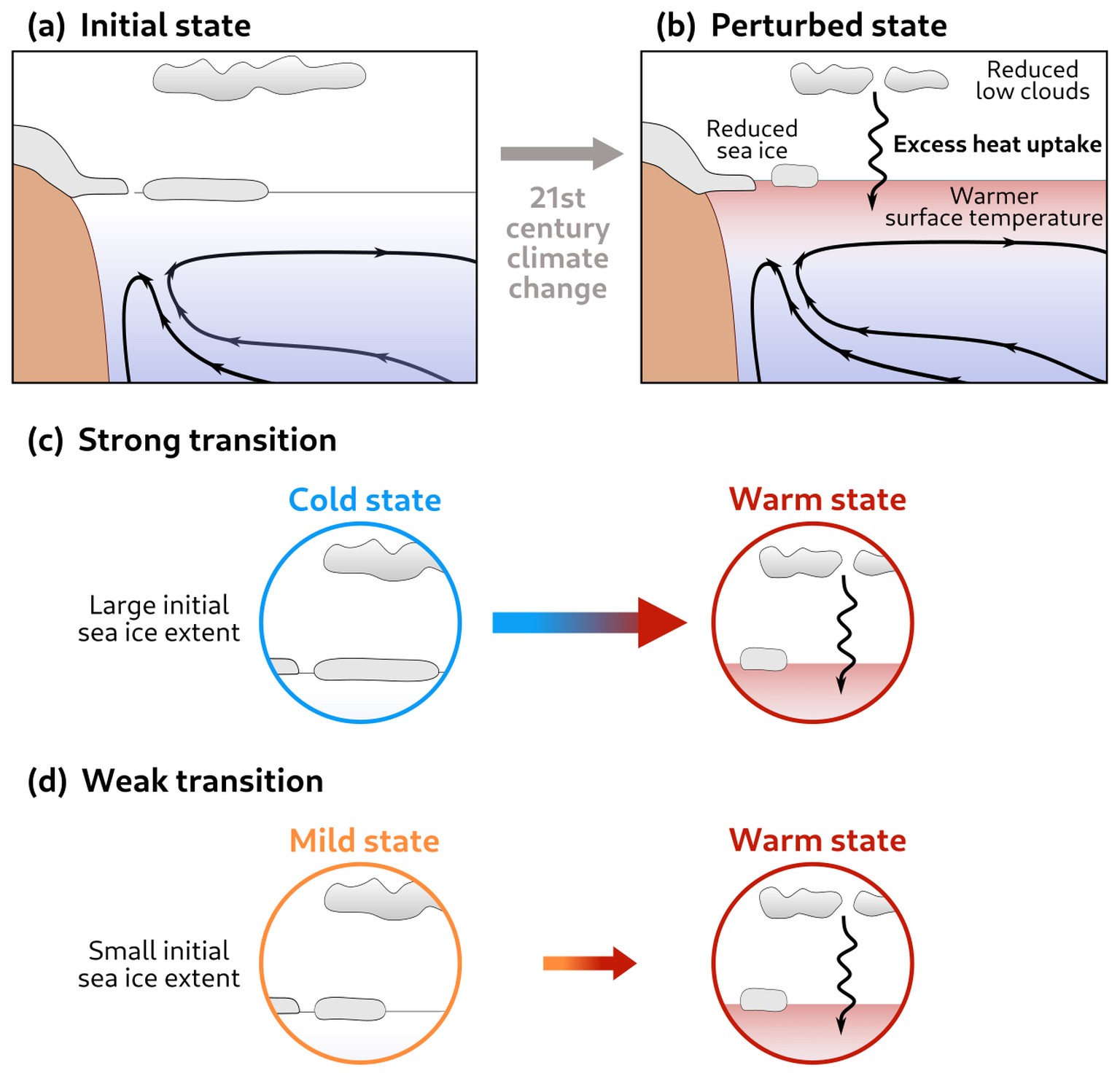 Schematic representation of the link between historical Antarctic sea ice extent and future ocean heat uptake. Under 21st-century climate change, the Southern Hemisphere climate system transitions fro ...