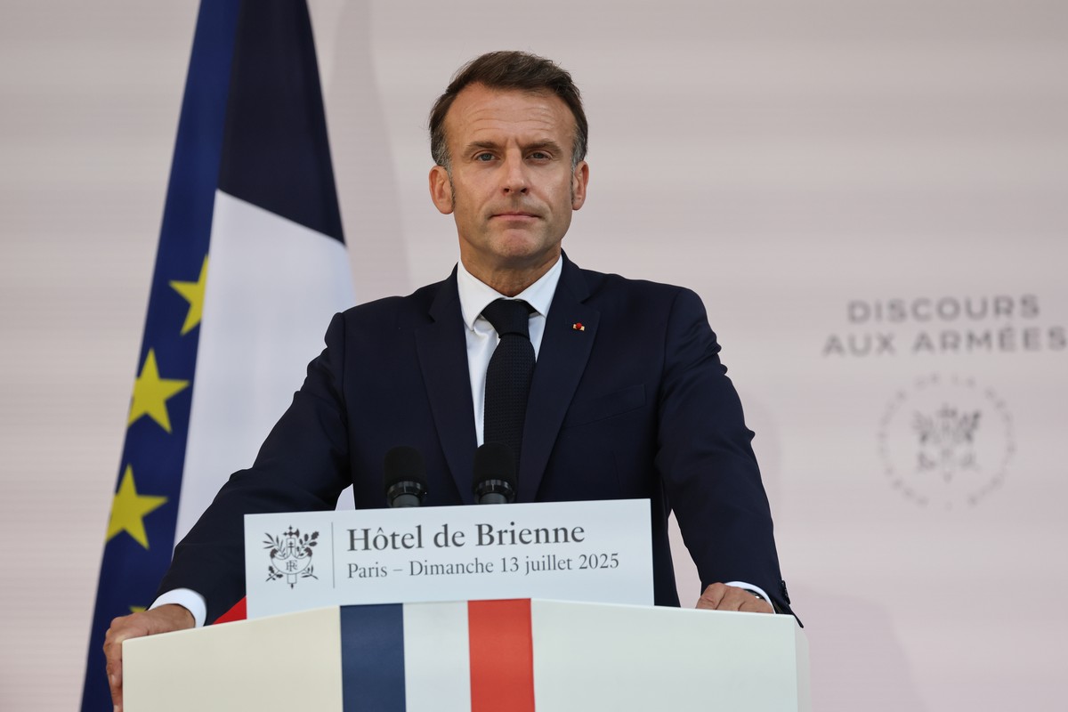 epa12236110 French President Emmanuel Macron delivers a speech to army leaders on the eve of the annual Bastille Day Parade, at the l?Hotel de Brienne in Paris, France, 13 July 2025. EPA/LUDOVIC MARIN ...