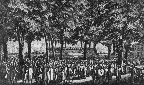 Die Bevölkerung der Stadt Zürich leistet auf dem Lindenhof den Eid auf die Helvetische Republik, 1798.