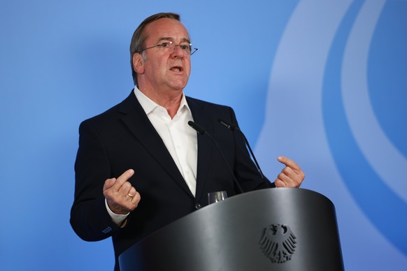 epa12919768 German Defense Minister Boris Pistorius gestures during a press statement at the Defense Ministry in Berlin, Germany, 28 April 2026. The press statement was held on the occasion of a joint ...