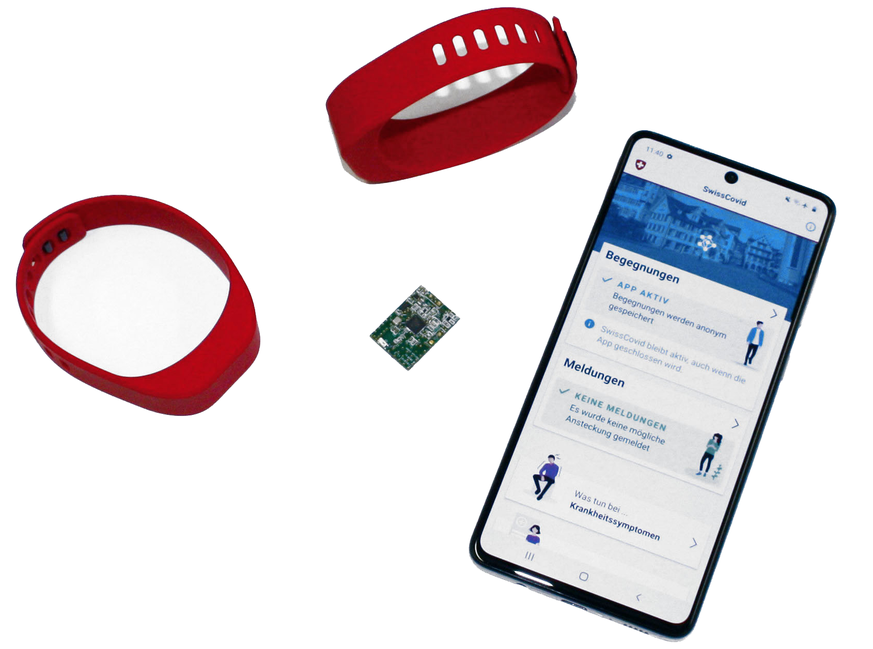 Das Kunststoff-Armband und der Mikroprozessor, der über Bluetooth Low Energy mit Smartphones und anderen Bluetooth-fähigen Geräten «Codes» austauschen kann.