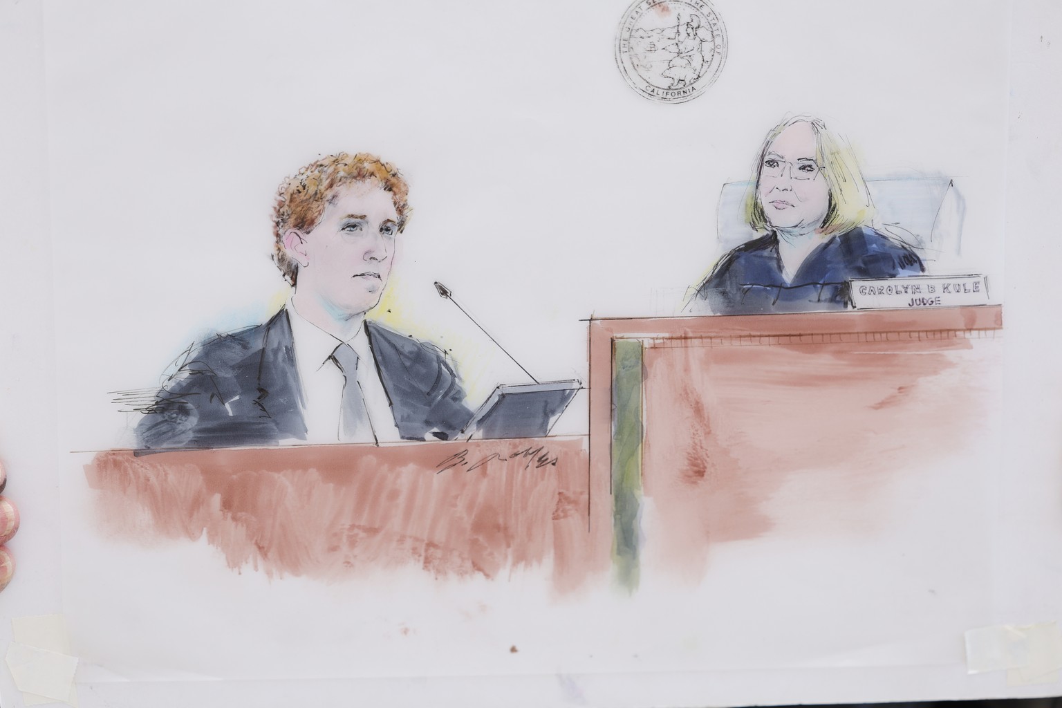 This courtroom sketch shows Meta CEO Mark Zuckerberg testifying in a landmark trial over whether social media platforms deliberately addict and harm children, Wednesday, Feb. 18, 2026, in Los Angeles. ...
