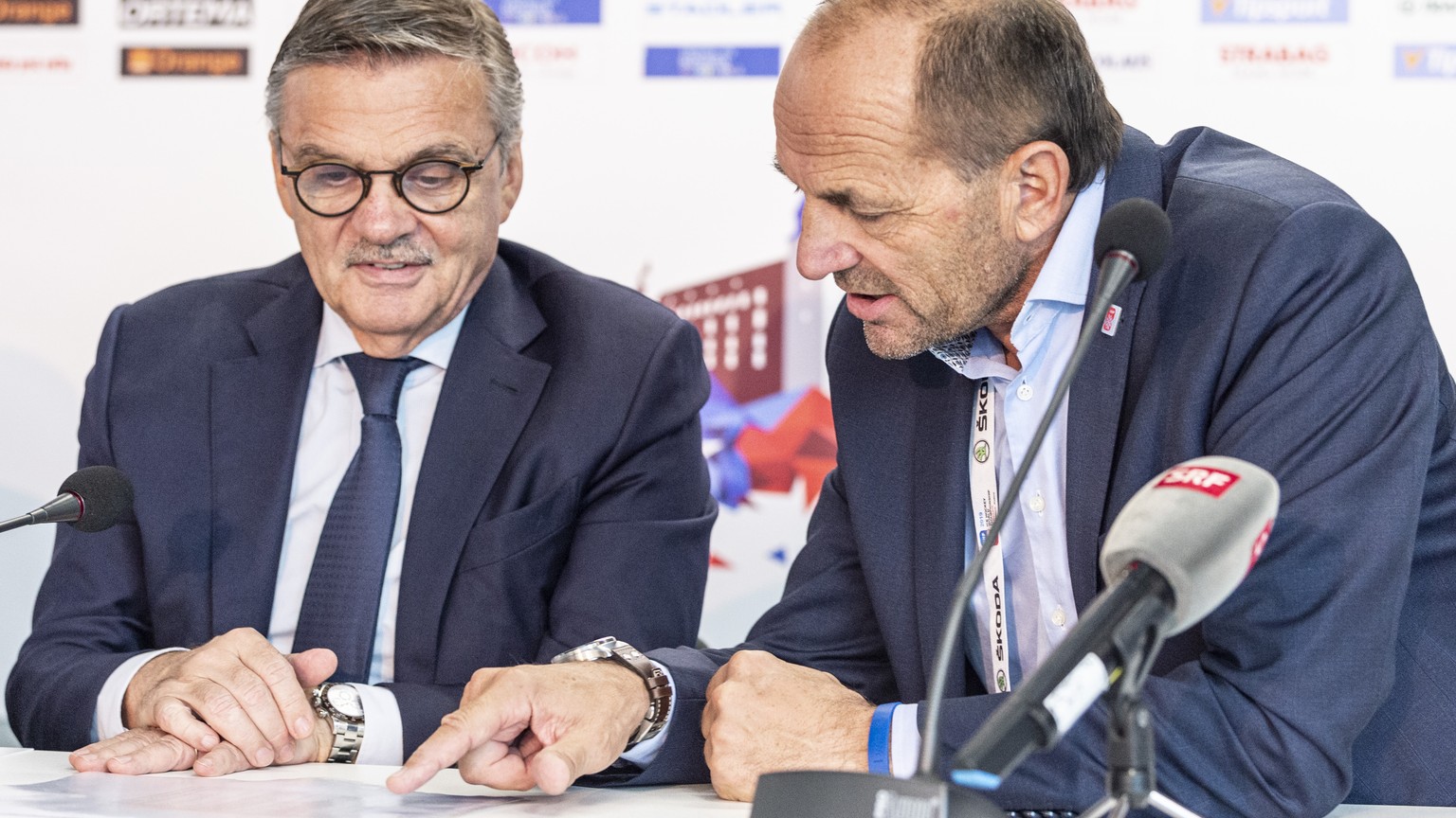 IIHF President Rene Fasel and Gian Gilli, General Secretary IIFH 2020, from left, during the press conference at the IIHF 2019 World Ice Hockey Championships, at the Ondrej Nepela Arena in Bratislava, ...