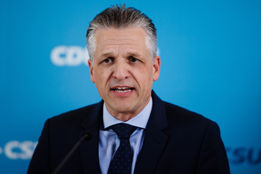 epa13255711 Christian Democratic Union (CDU) parliamentary group chairman in the German Bundestag Thorsten Frei speaks during a media statement prior to a meeting of the Christian Democratic Union and ...