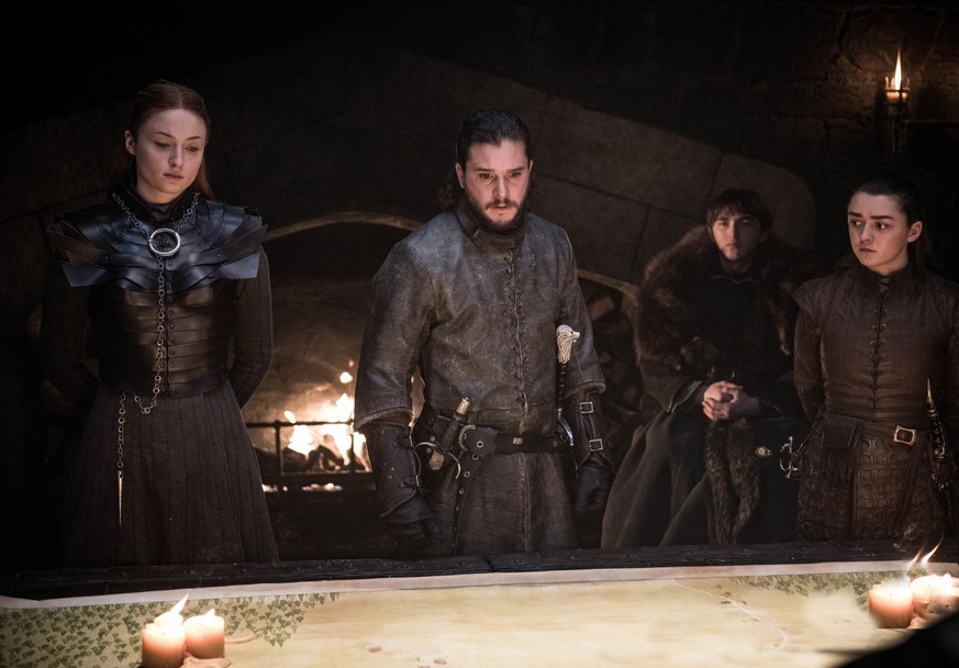 This image released by HBO shows from left, Sophie Turner, Kit Harington, Isaac Hempstead Wright, and Maisie Williams in a scene from &quot;Game of Thrones,&quot; that aired Sunday, April 21, 2019. Wi ...