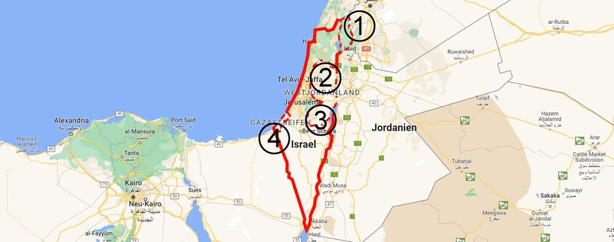 1: Die Golanhöhen, 2: Westjordanland (Westbank), 3: Ostjerusalem, 4: Gaza-Streifen