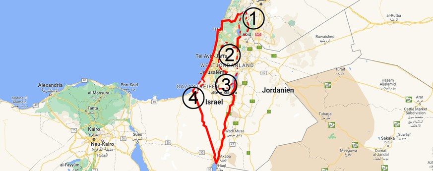 1: The Golan Heights, 2: West Bank (West Bank), 3: East Jerusalem, 4: Gaza Strip