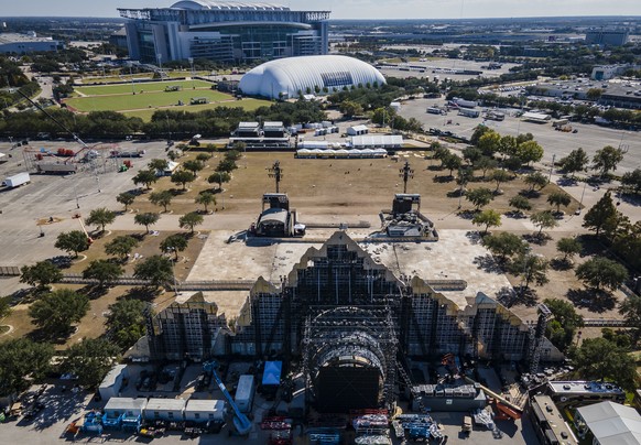 The Astroworld main stage where Travis Scott was performing Friday evening where a surging crowd killed eight people, sits in a parking lot at NRG Center on Monday, Nov. 8, 2021, in Houston. ( Mark Mu ...