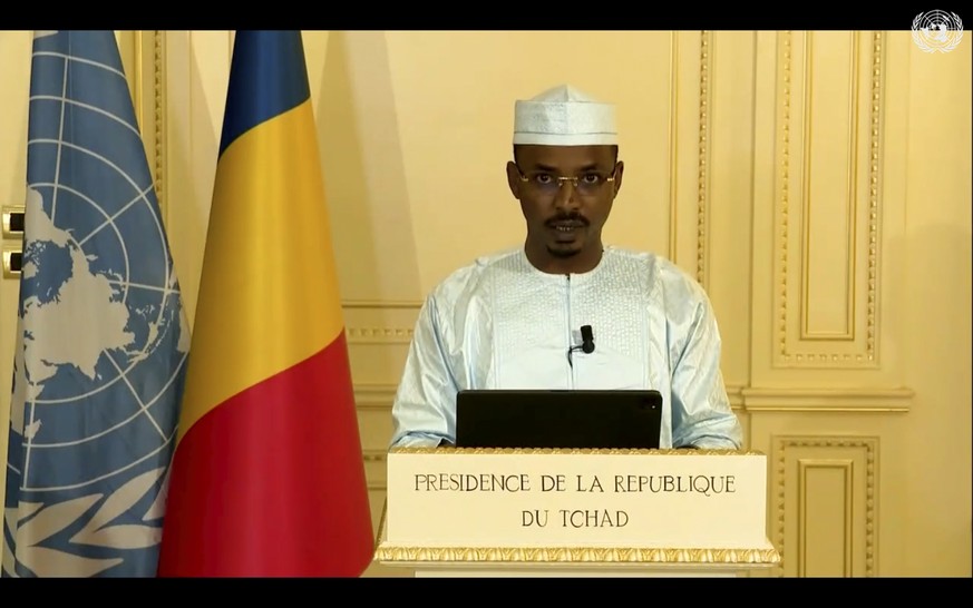 In this photo taken from video, Chad&#039;s Chairman of the Transitional Military Council, President and Head of State Mahamat Idriss Déby Itno remotely addresses the 76th session of the United Nation ...