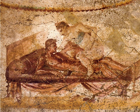 Eines der erotischen Fresken aus dem Bordell des antiken Pompeji.