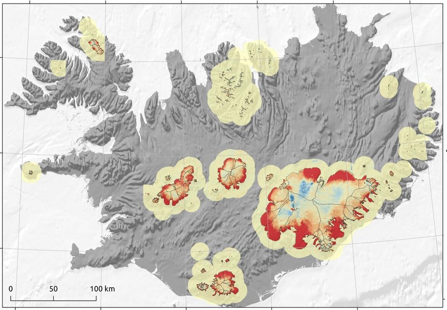 «Iceland Mass Loss»: Die Grafik zeigt den Dickenverlust der isländischen Gletscher zwischen 2000 und 2019 (in Rot).