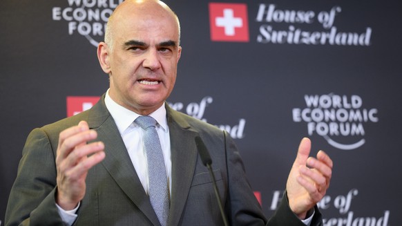 Switzerland's President Alain Berset speaks during a press conference at the House of Switzerland, HoS, on the sideline of the 53rd annual meeting of the World Economic Forum, WEF, in Davos, Switzerla ...