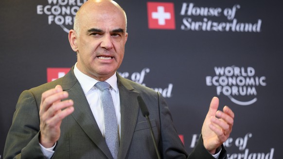 Switzerland&#039;s President Alain Berset speaks during a press conference at the House of Switzerland, HoS, on the sideline of the 53rd annual meeting of the World Economic Forum, WEF, in Davos, Swit ...