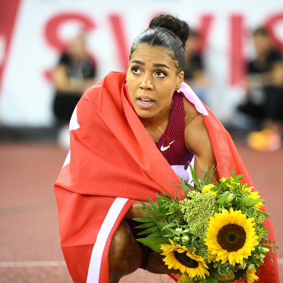 Mujinga Kambundji of Switzerland reacts after the 200m Women during the Weltklasse IAAF Diamond League international athletics meeting at the Letzigrund stadium in Zurich, Switzerland, Thursday, Septe ...