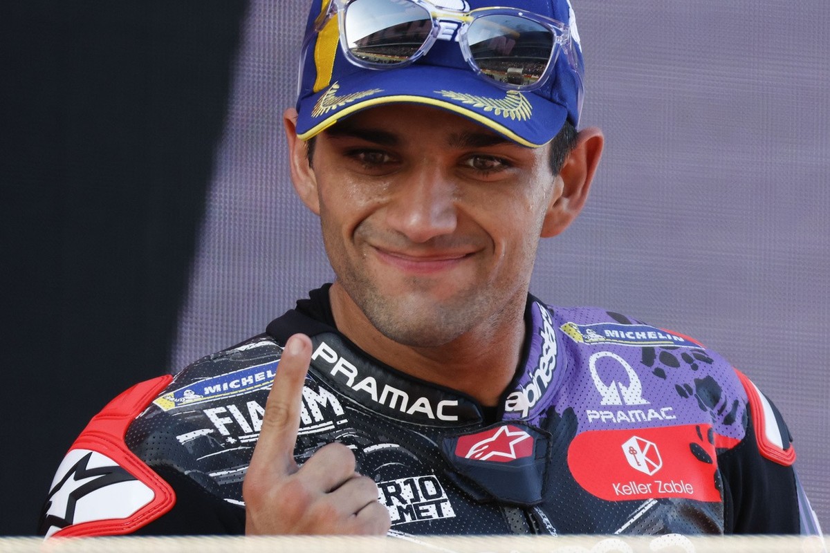 Moto GP World Champion winner Spain's rider Jorge Martin of the Prima Pramac Racing celebrates after finishing third during the MotoGP race of the Grand Prix of Barcelona at the Catalunya racetra ...