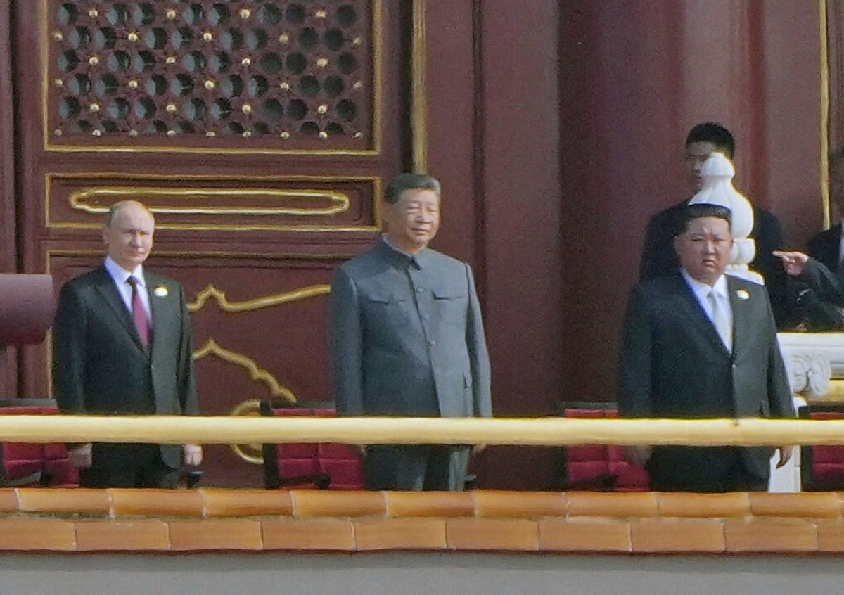 Front from left, Russian President Vladimir Putin, Chinese President Xi Jinping and North Korean leader Kim Jong Un attend a military parade to commemorate the 80th anniversary of Japan's World W ...