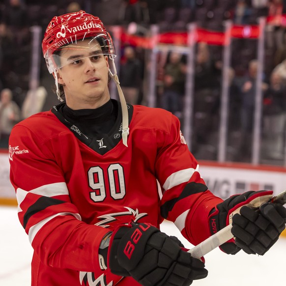 Theo Rochette (LHC) celebrates the victory after defeating the team Ambri-Piotta, during a National League regular season game of the Swiss Championship between Lausanne HC, LHC, and HC Ambri-Piotta,  ...
