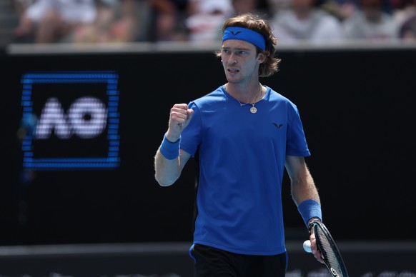 epa10414721 Audrey Rublev of Russia reacts against Emil Ruusuvuori of Finland during the 2023 Australian Open tennis tournament at Melbourne Park in Melbourne, Australia, 19 January 2023. EPA/DIEGO FE ...