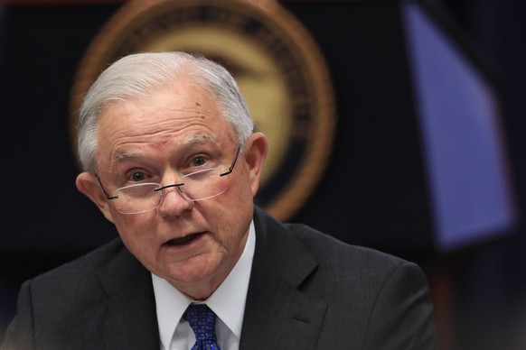 Attorney General Jeff Sessions speaks during a round table discussion with the Joint Interagency Task Force - South&#039;s (JIATF-S) Foreign Liaison Officers at the Department of Justice building in W ...