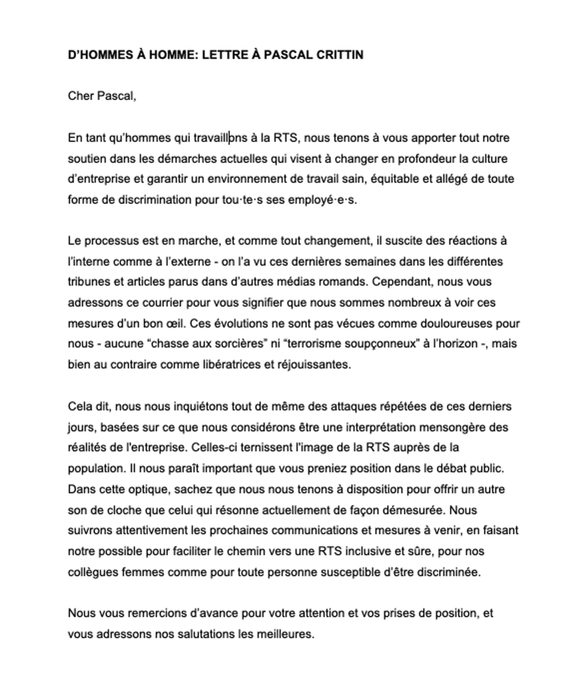 La lettre signée par près de 200 employés masculins de la RTS adressée à Pascal Crittin.