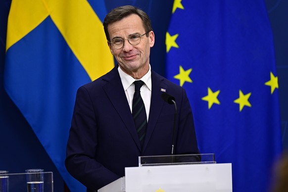 epa11183244 Swedish Prime Minister Ulf Kristersson speaks during a press conference after the Hungarian parliament voted 'yes' to ratify Sweden's accession to NATO, at the government...