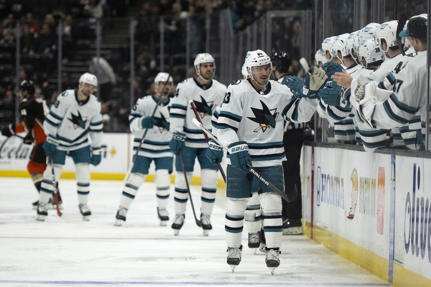 San Jose Sharks left wing Matt Nieto (83) celebrates with the bench after his goal during the first period of an NHL hockey game against the Anaheim Ducks, in Anaheim, Calif., Friday, Jan. 6, 2023. (A ...