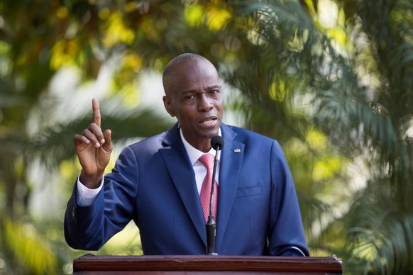 epa09328106 (FILE) - Haitian President Jovenel Moise speaks to the press in the gardens of the National Palace, in Port-au-Prince, Haiti, 15 October 2019 (reissued 07 July 2021). According to a statem ...