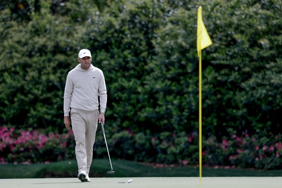 epa12872508 Scottie Scheffler of the US on the 11th hole during a practice round for the 2026 Masters Tournament at the Augusta National Golf Club in Augusta, Georgia, USA, 06 April 2026. The Masters  ...
