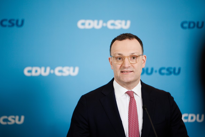 epa12827565 Christian Democratic Union (CDU) parliamentary group chairman in the German parliament Bundestag Jens Spahn speaks during a press statement before a parliamentary group meeting at the Germ ...