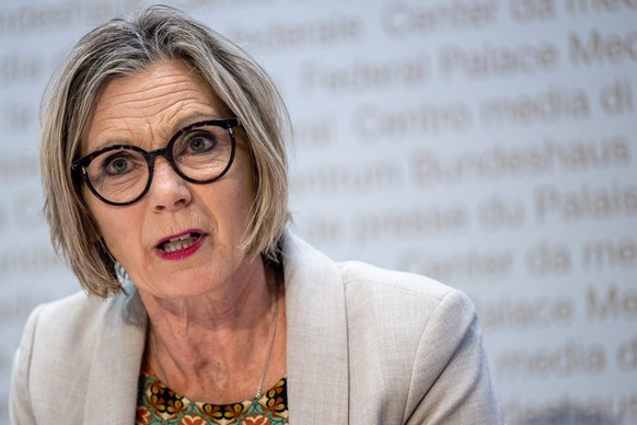 Maya Graf, Staenderaetin Gruene BL, spricht an der Medienkonferenz des Komitees Frauenallianz fuer die BVG-Reform, am Donnerstag, 4. Juli 2024, in Bern. (KEYSTONE/Marcel Bieri)